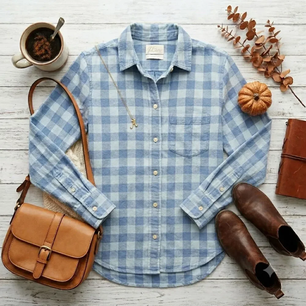 J.Crew Blue Gingham Buffalo Check Flannel Button Down Shirt Classic Fit Size 0